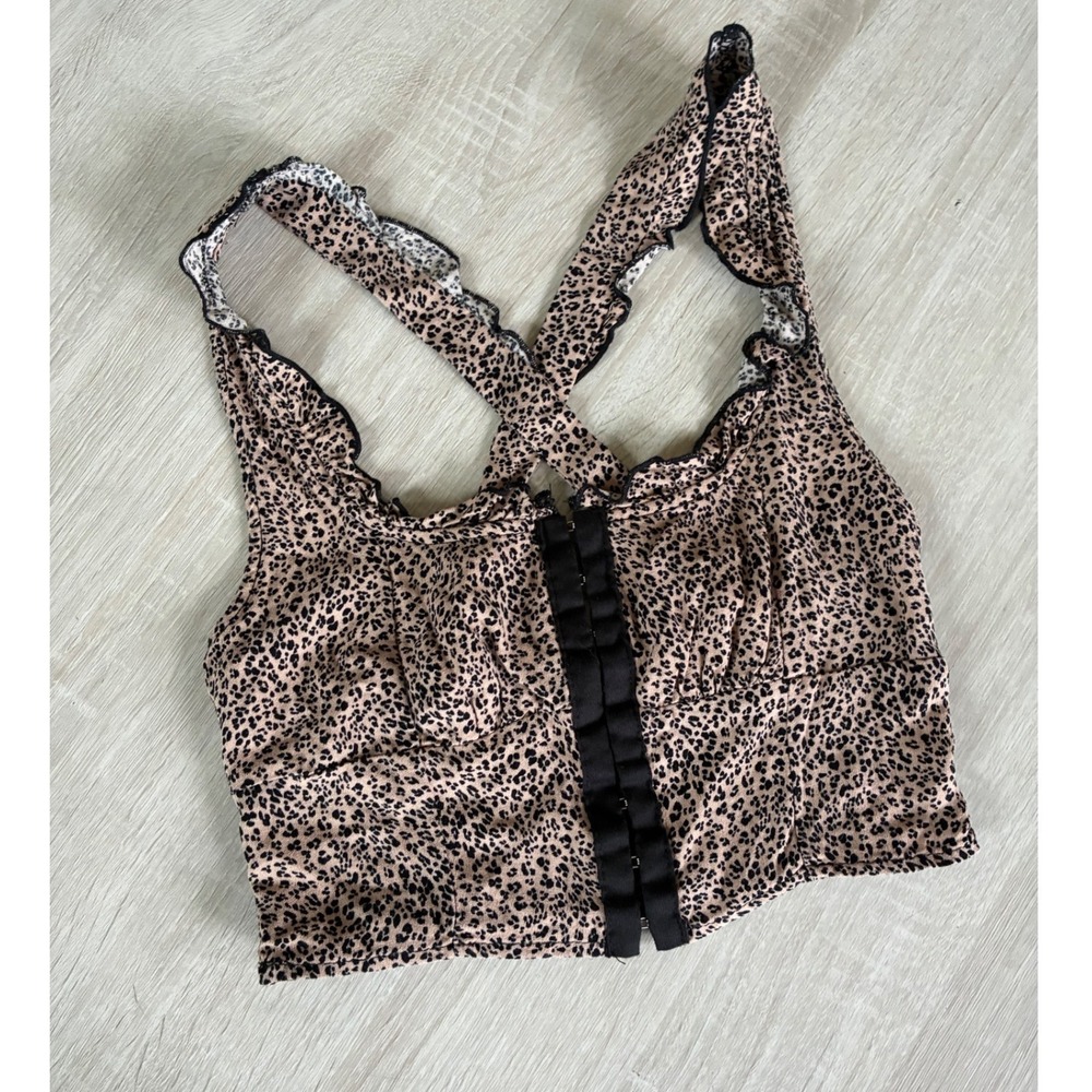 Urban Romantics Leopard Print Hook Eye Smocked Back Ruffle Crop Top Tan Black M